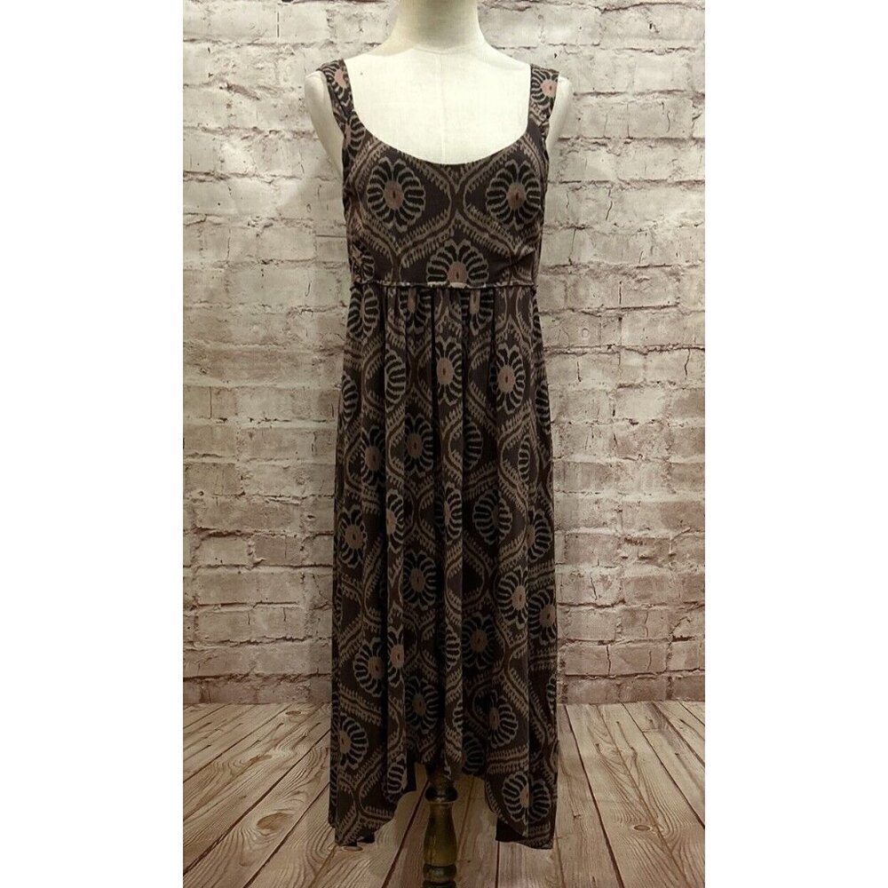 Fresh Produce Womens M Tank Dress Brown Print Sleeveless Smocked Shark Bite Hem
